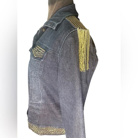 Y2K Gold Embellished Maximalist Glam Denim Sgt Pepper Jacket Womens Size S Edgy - Picture 3 of 7